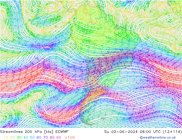 Stroomlijn 200 hPa ECMWF zo 02.06.2024 06 UTC
