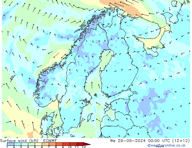 Vento 10 m (bft) ECMWF mer 29.05.2024 00 UTC