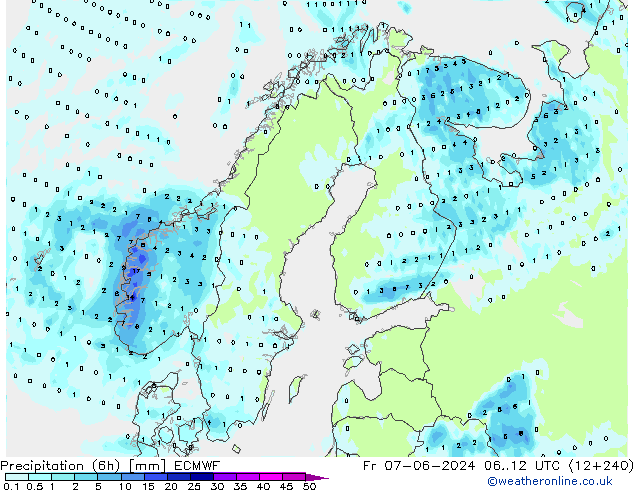 Precipitation (6h) ECMWF Pá 07.06.2024 12 UTC