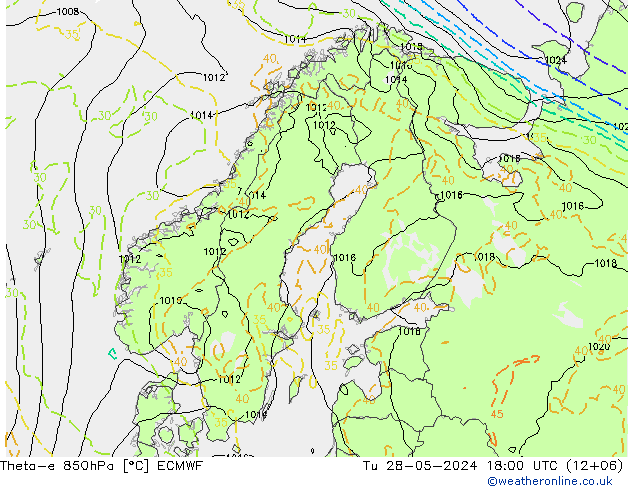 Theta-e 850гПа ECMWF вт 28.05.2024 18 UTC