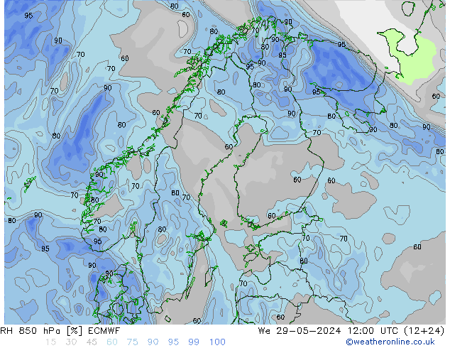 RH 850 hPa ECMWF Mi 29.05.2024 12 UTC