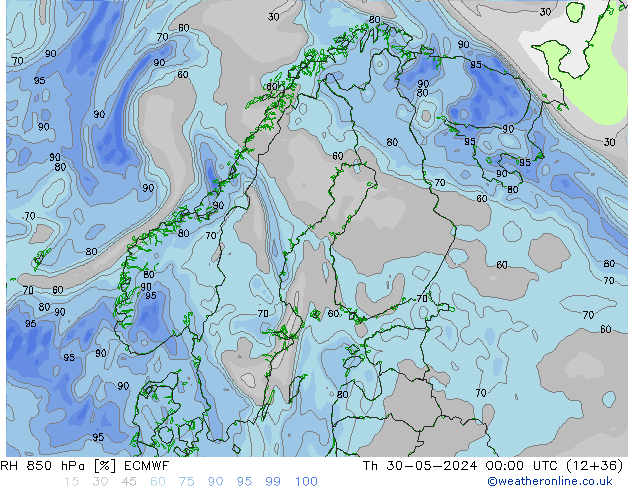 RH 850 hPa ECMWF gio 30.05.2024 00 UTC