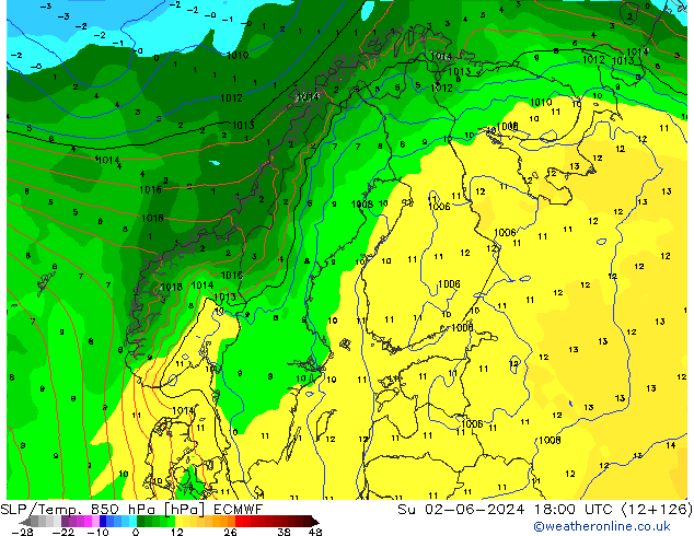 SLP/Temp. 850 hPa ECMWF zo 02.06.2024 18 UTC