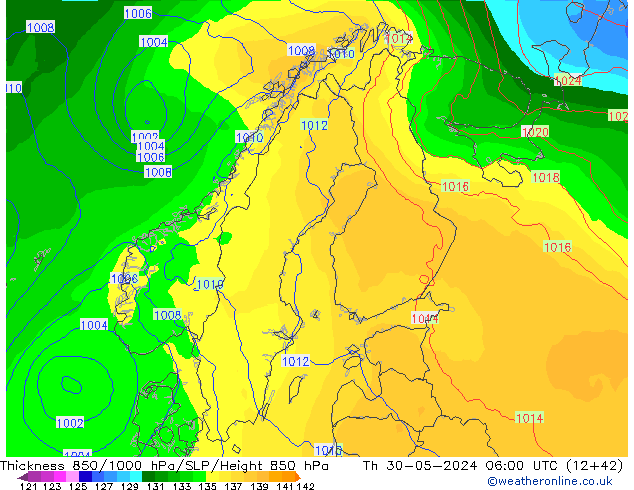 Dikte 850-1000 hPa ECMWF do 30.05.2024 06 UTC