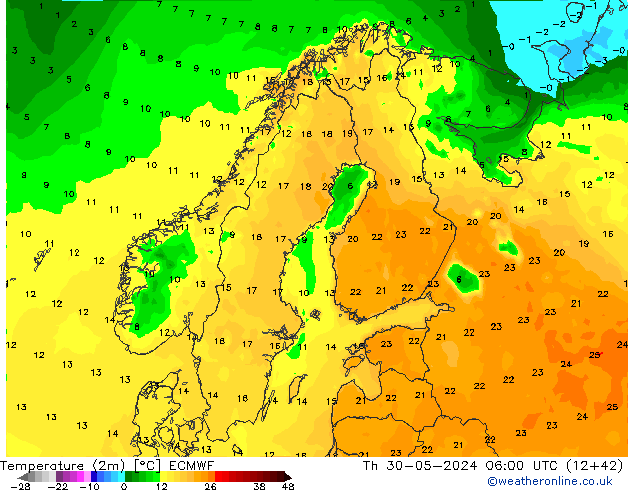 Temperature (2m) ECMWF Th 30.05.2024 06 UTC