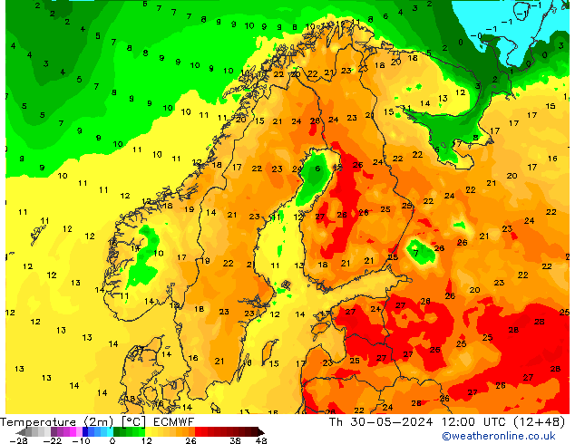 Temperatura (2m) ECMWF Qui 30.05.2024 12 UTC