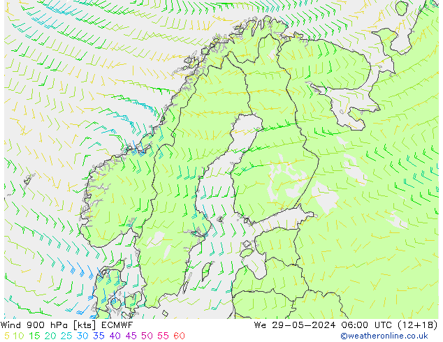 Vento 900 hPa ECMWF mer 29.05.2024 06 UTC