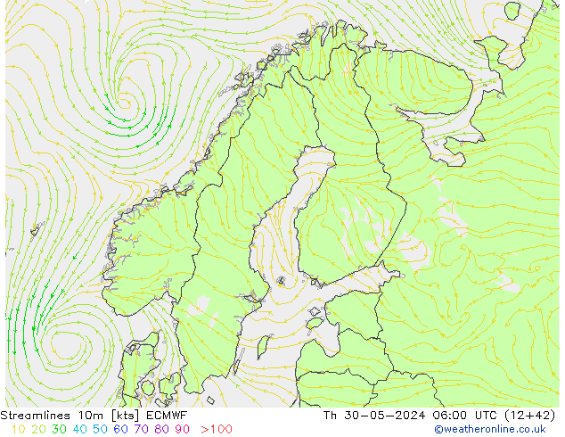 Ligne de courant 10m ECMWF jeu 30.05.2024 06 UTC