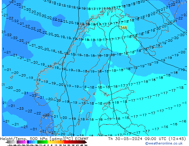 Height/Temp. 500 hPa ECMWF gio 30.05.2024 09 UTC