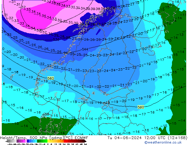 Height/Temp. 500 hPa ECMWF Tu 04.06.2024 12 UTC