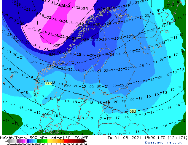 Height/Temp. 500 hPa ECMWF Di 04.06.2024 18 UTC