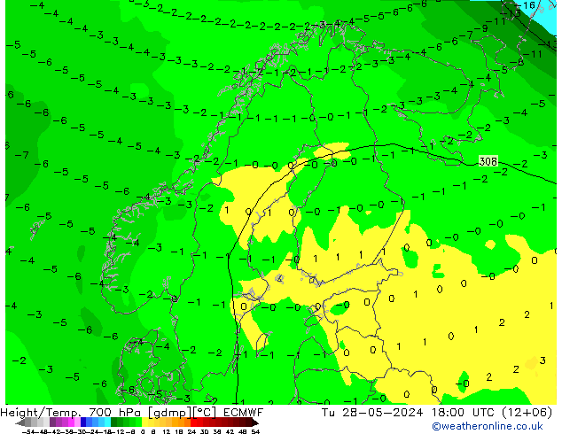 Hoogte/Temp. 700 hPa ECMWF di 28.05.2024 18 UTC