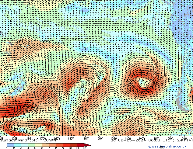 ве�Bе�@ 10 m (bft) ECMWF Вс 02.06.2024 06 UTC