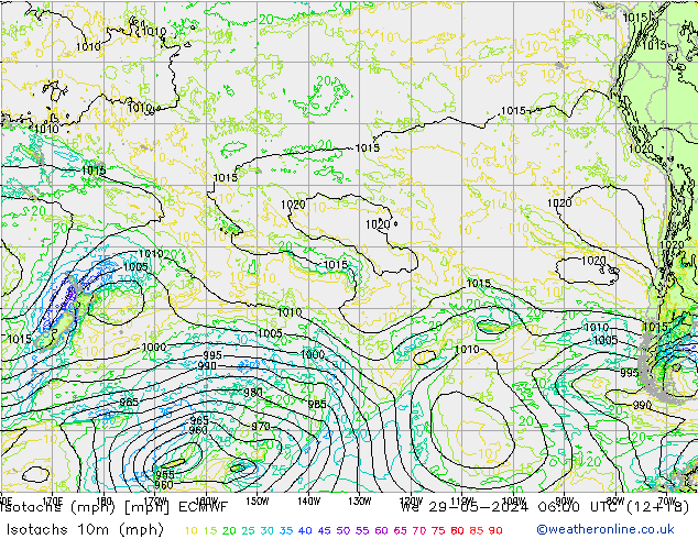 Izotacha (mph) ECMWF śro. 29.05.2024 06 UTC