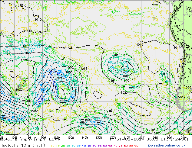 Isotachs (mph) ECMWF ven 31.05.2024 06 UTC