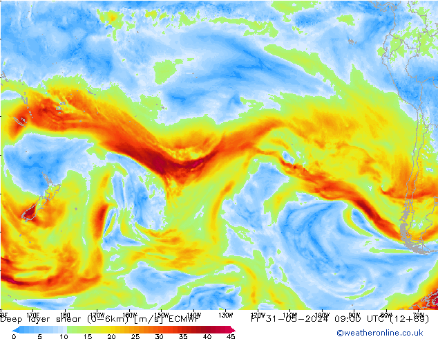 Deep layer shear (0-6km) ECMWF Fr 31.05.2024 09 UTC