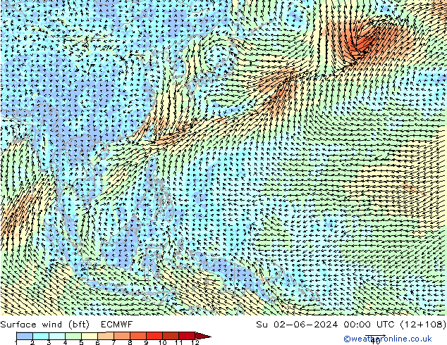 Surface wind (bft) ECMWF Su 02.06.2024 00 UTC