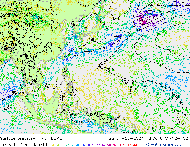 Isotachs (kph) ECMWF So 01.06.2024 18 UTC