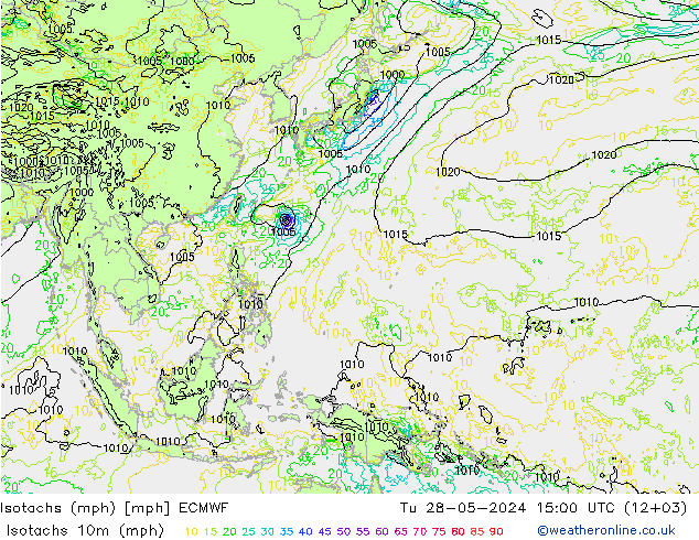 Isotachs (mph) ECMWF вт 28.05.2024 15 UTC