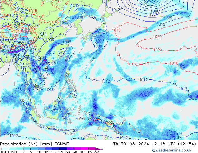 Z500/Rain (+SLP)/Z850 ECMWF gio 30.05.2024 18 UTC