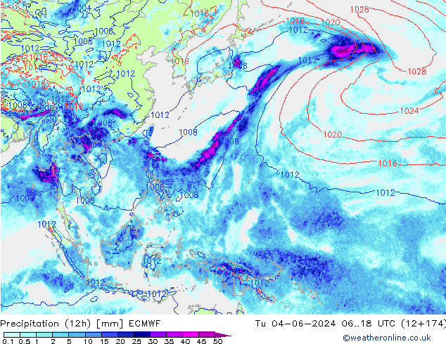 Precipitation (12h) ECMWF Tu 04.06.2024 18 UTC