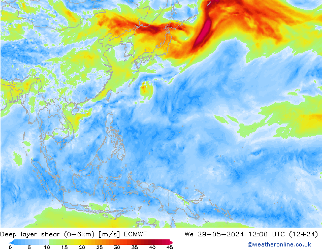 Deep layer shear (0-6km) ECMWF We 29.05.2024 12 UTC