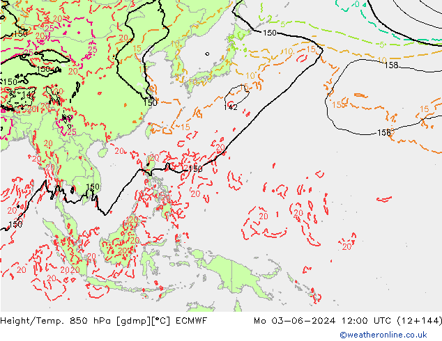 Height/Temp. 850 hPa ECMWF lun 03.06.2024 12 UTC