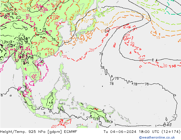 Height/Temp. 925 hPa ECMWF Tu 04.06.2024 18 UTC