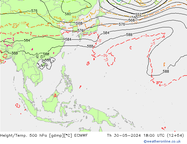 Z500/Rain (+SLP)/Z850 ECMWF gio 30.05.2024 18 UTC