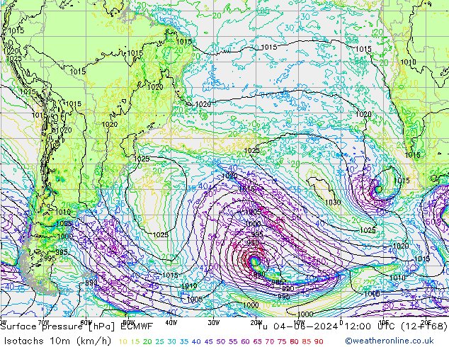 Isotachs (kph) ECMWF mar 04.06.2024 12 UTC