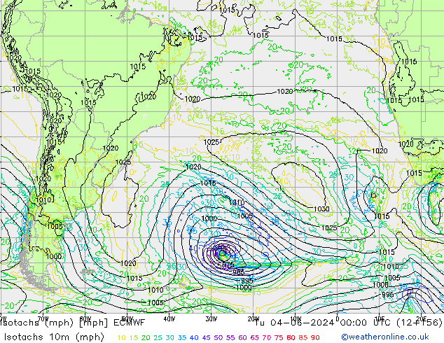 Isotachs (mph) ECMWF  04.06.2024 00 UTC