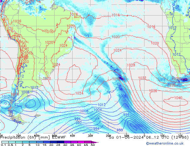 Precipitation (6h) ECMWF Sa 01.06.2024 12 UTC