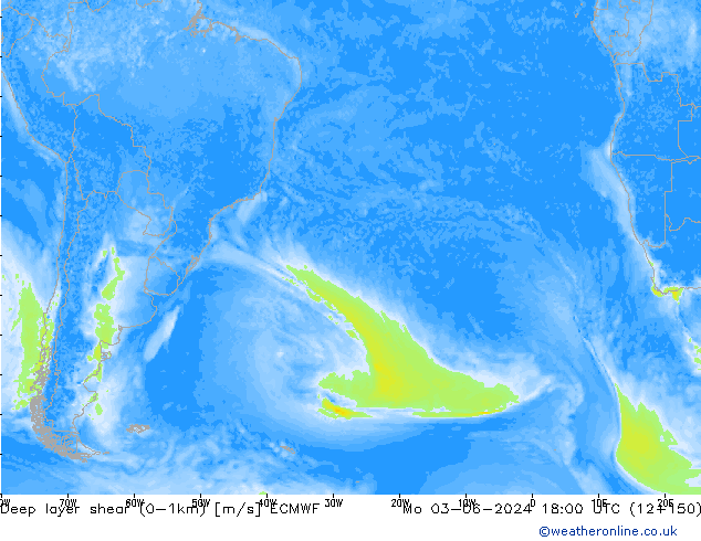 Deep layer shear (0-1km) ECMWF пн 03.06.2024 18 UTC