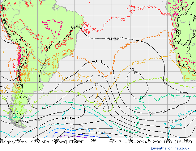 Height/Temp. 925 hPa ECMWF Pá 31.05.2024 12 UTC