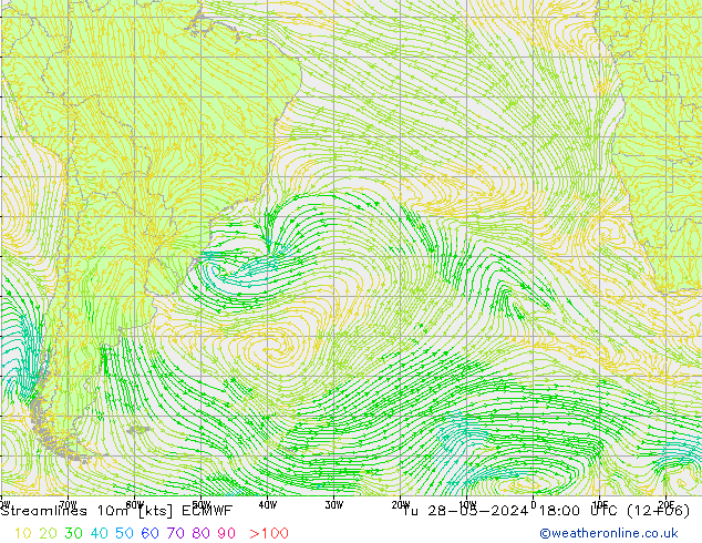 Linia prądu 10m ECMWF wto. 28.05.2024 18 UTC