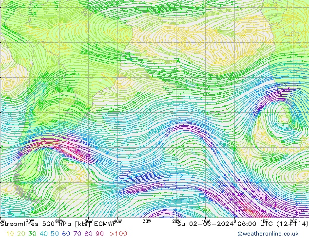 ветер 500 гПа ECMWF Вс 02.06.2024 06 UTC