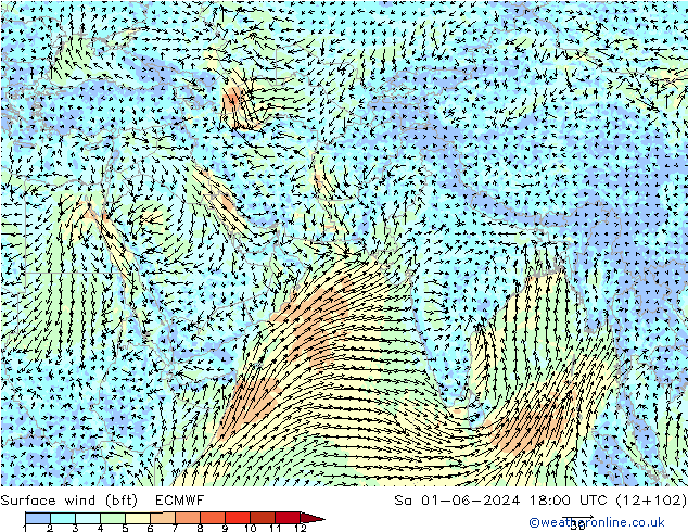 Vento 10 m (bft) ECMWF Sáb 01.06.2024 18 UTC