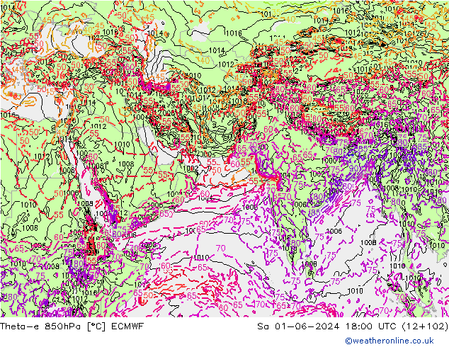 Theta-e 850hPa ECMWF so. 01.06.2024 18 UTC