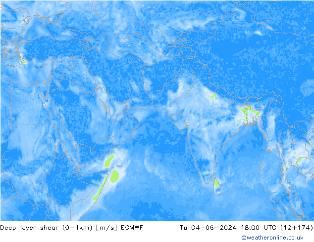 Deep layer shear (0-1km) ECMWF Sa 04.06.2024 18 UTC