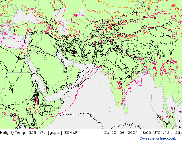 Height/Temp. 925 гПа ECMWF Вс 02.06.2024 18 UTC