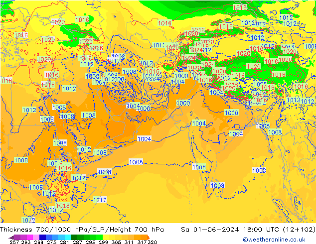 Thck 700-1000 hPa ECMWF Sa 01.06.2024 18 UTC