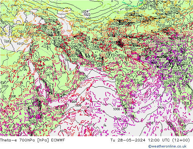 Theta-e 700hPa ECMWF wto. 28.05.2024 12 UTC