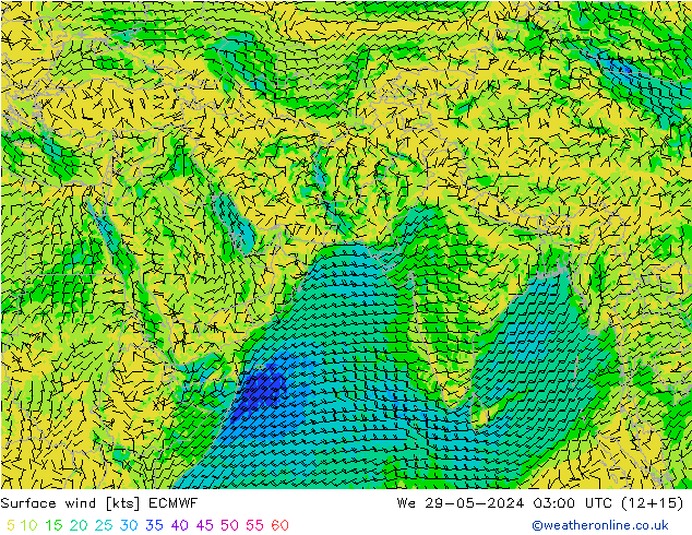 Vento 10 m ECMWF Qua 29.05.2024 03 UTC