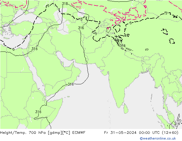 Geop./Temp. 700 hPa ECMWF vie 31.05.2024 00 UTC