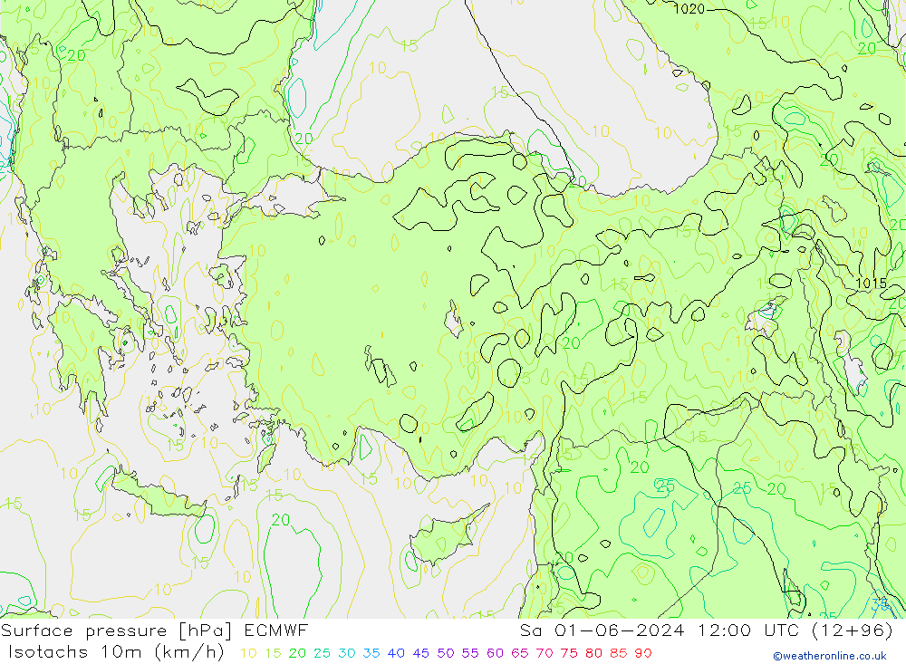 Isotachs (kph) ECMWF сб 01.06.2024 12 UTC