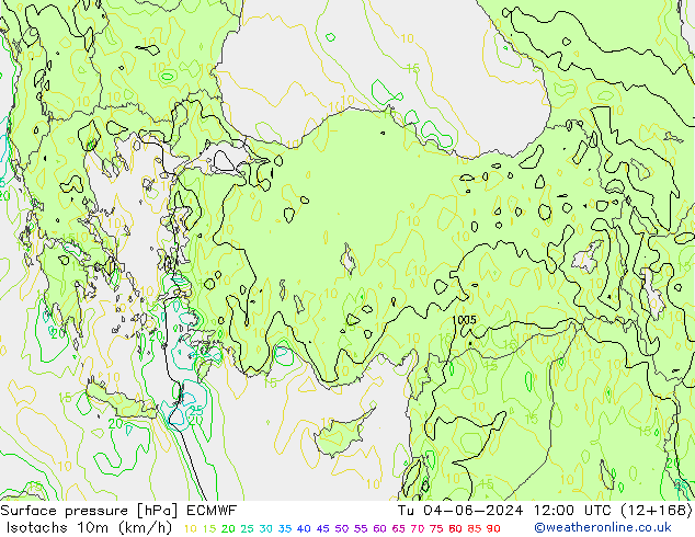 Isotachs (kph) ECMWF  04.06.2024 12 UTC