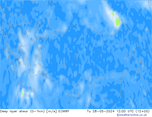 Deep layer shear (0-1km) ECMWF mar 28.05.2024 12 UTC