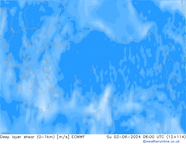 Deep layer shear (0-1km) ECMWF nie. 02.06.2024 06 UTC