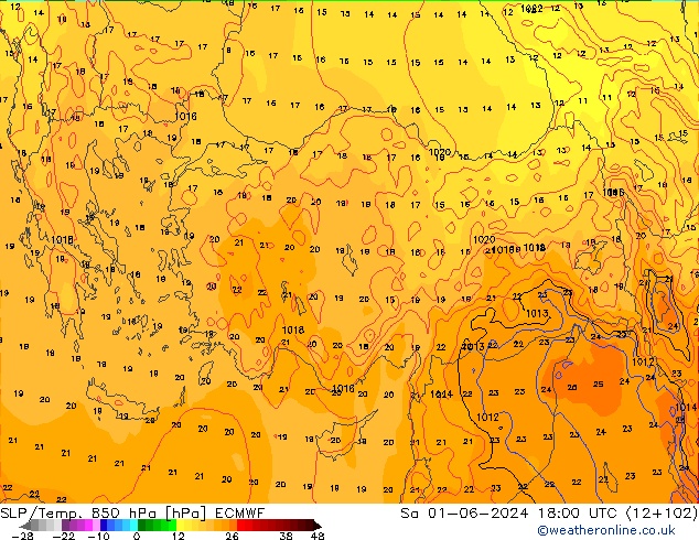 SLP/Temp. 850 hPa ECMWF Sáb 01.06.2024 18 UTC