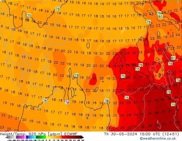 Height/Temp. 925 hPa ECMWF gio 30.05.2024 15 UTC